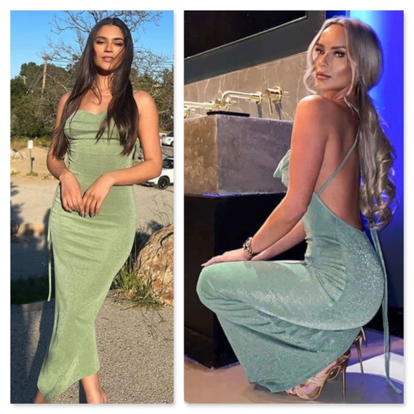 Glitter Lurex Mint Green Cowl Neck Backless Tie Straps Maxi Long Dress - Picture 10 of 14